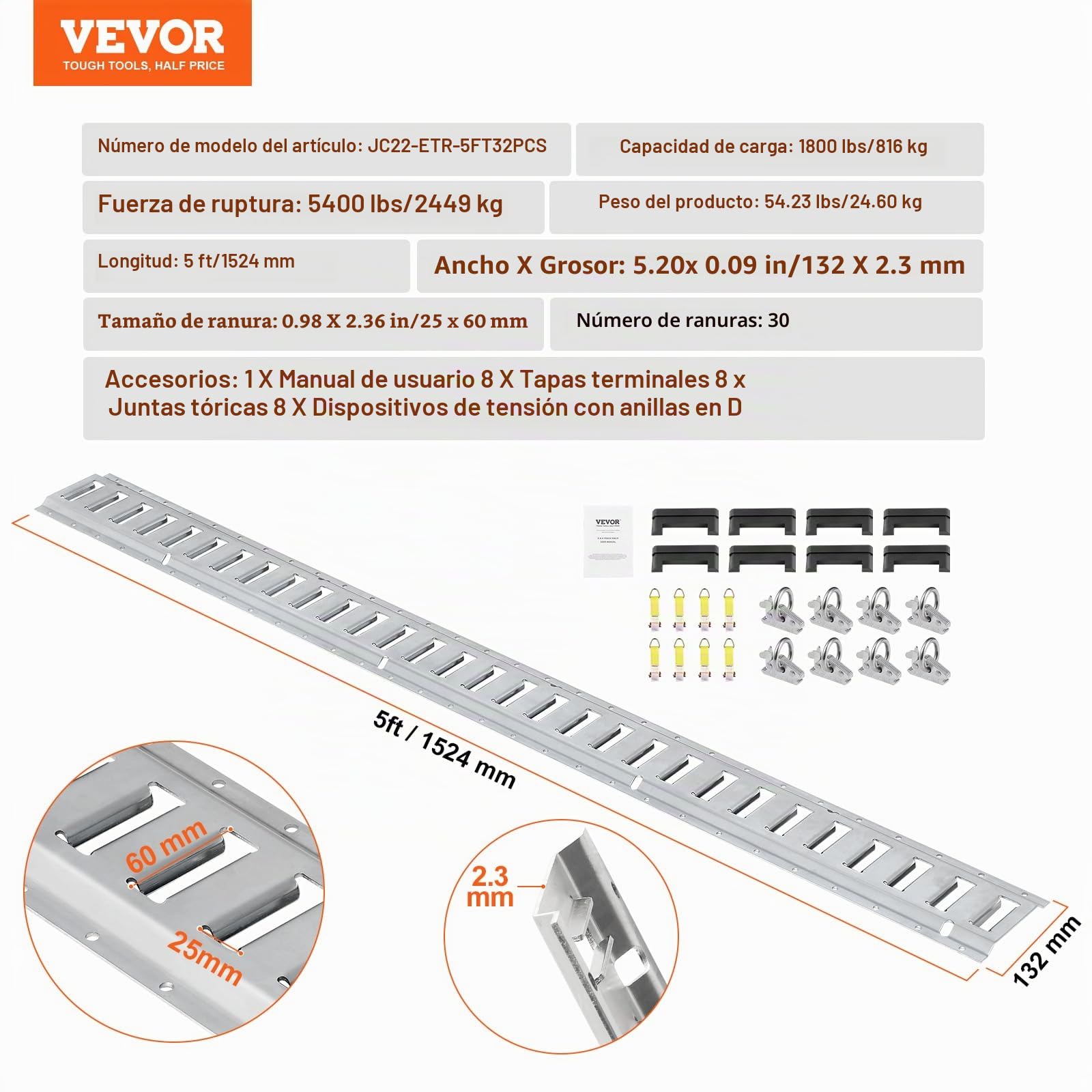 Vevor El Juego Incluye 8 rieles de Acero y 2 Anillos de Amarre de una Sola Ranura con Tapas de Extremo de Anillo en D, Accesorios de Seguridad de Carga, Motocicletas y Bicicletas, Kit de rieles de