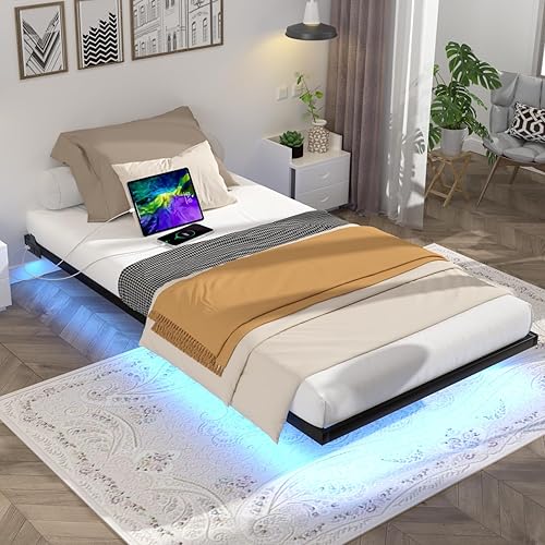 Floating Bed Frame Twin Size with LED Lights and Charging Station, Metal Platform Bed, Easy Assembly No Box Spring Needed
