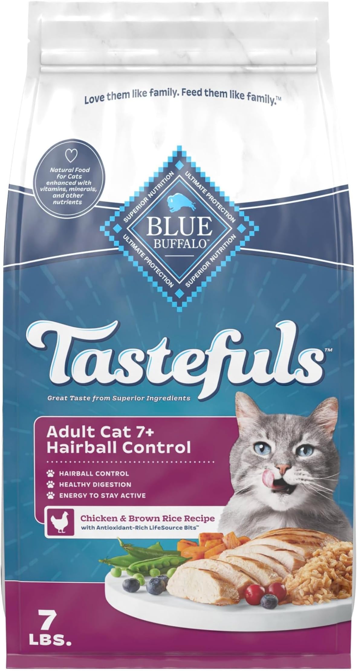 Blue Buffalo Tastefuls Chicken Senior Hairball Control Dry Cat Food, 7 lb