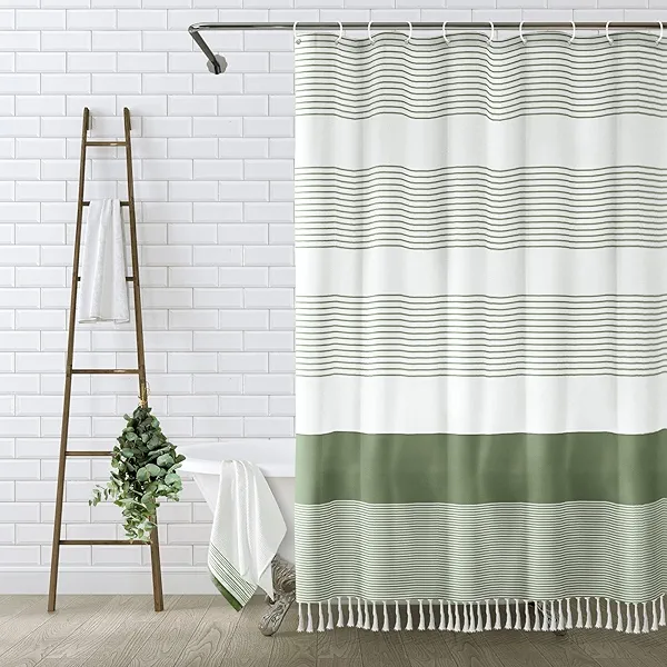 Awellife Boho Sage Green Shower Curtain for Bathroom Stripe Tassel Shower Curtain 72 X 72 Inches Farmhouse Cotton