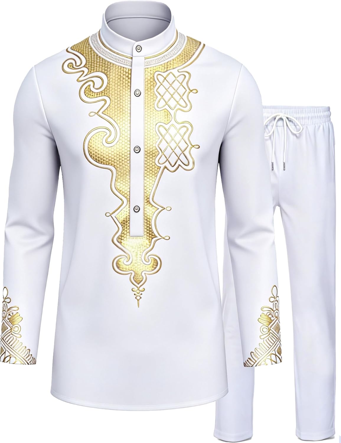 African Suits for Men Dashiki Metallic Suit Printed Shirt and Pants Outfit Traditional 2 Piece Set