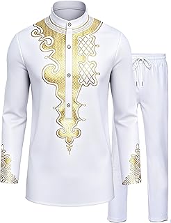 African Suits for Men Dashiki Metallic Suit Printed Shirt and Pants Outfit Traditional 2 Piece Set
