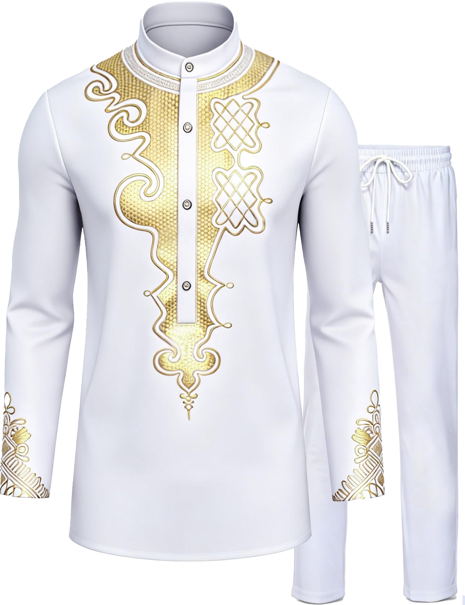 African Suits for Men Dashiki Metallic Suit Printed Shirt and Pants Outfit Traditional 2 Piece Set