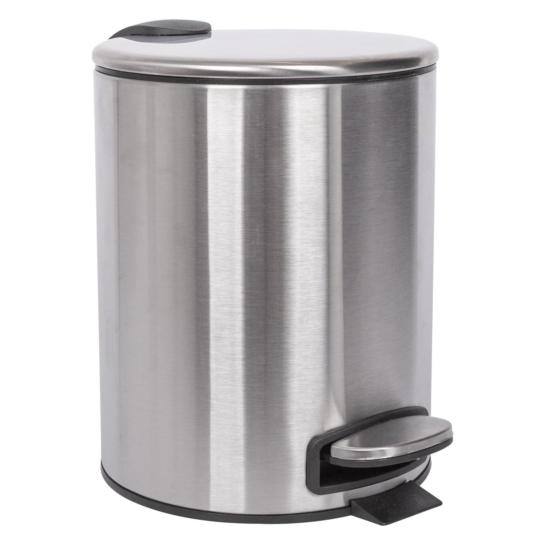 Harbour Housewares Brushed Bathroom Bin - Round Stainless Steel Pedal Bin Slim Kitchen Rubbish Trash Can Garbage Dustbin With Lid And Inner Liner Bucket 5L