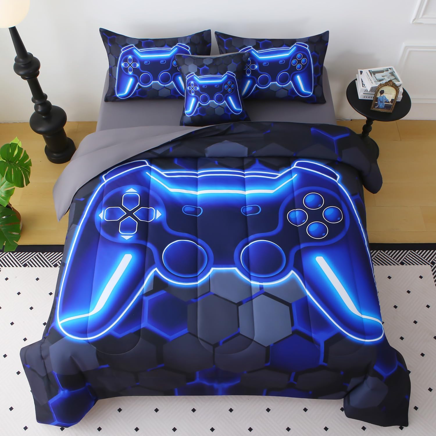 JQinHome Twin Size Gaming Bedding Set 6-Piece Comforter for Boys Teens - 3D Video Game Print Bed in a Bag with Sheets, Blue Cool Black Design (Twin)