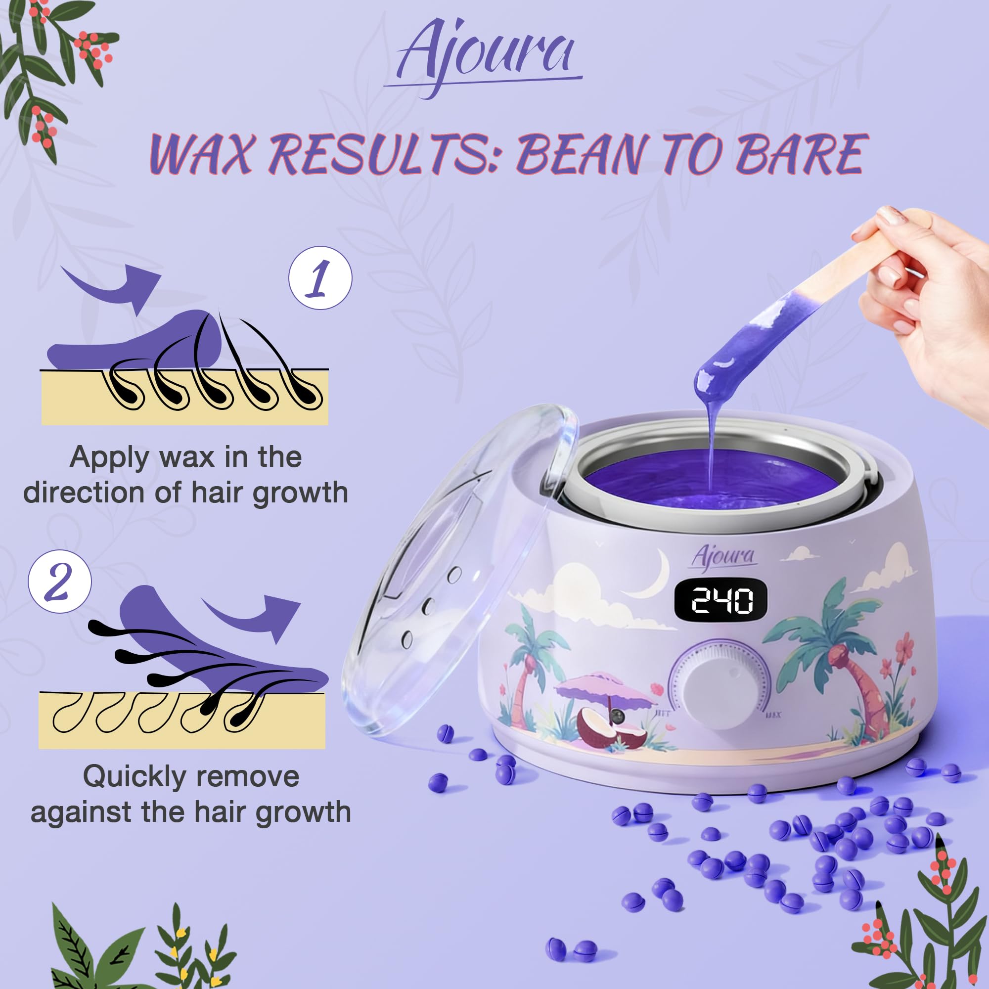 Ajoura Scaldacera professionale, 16 oz, colore viola chiaro | Capacity, kit di depilazione con controllo digitale della temperatura e calore rapido, include 30 bastoncini per viso, gambe