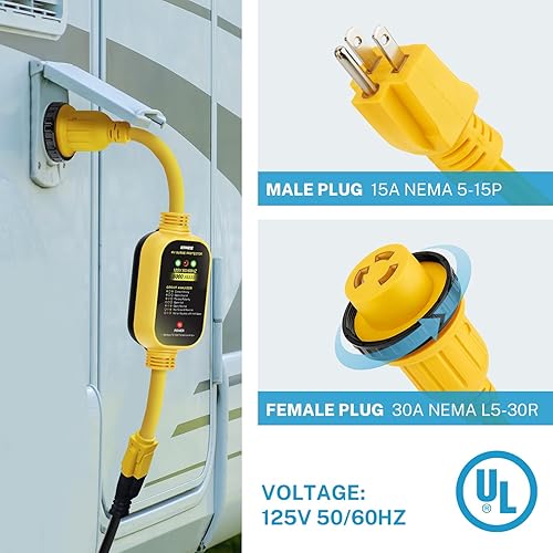 Miniatura 6 de Kohree Adaptador RV de 30 amperios a 110V con protección contra sobretensiones, adaptador de potencia RV de 15 amperios a 30 amperios de 8000 julios