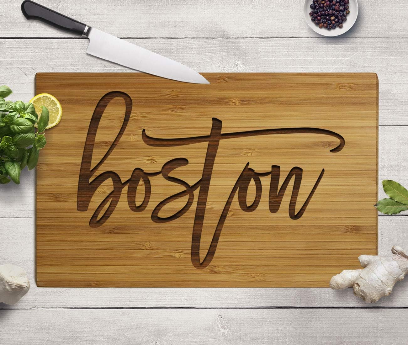 Andaz Press Boston Bamboo Wood Cutting Board, 17.75 x 11-inch, Calligraphy, 1-Pack, Large Laser Engraved Serving Chopping Board Christmas Birthday Moving Away College Graduation Chef Kitchen Ideas