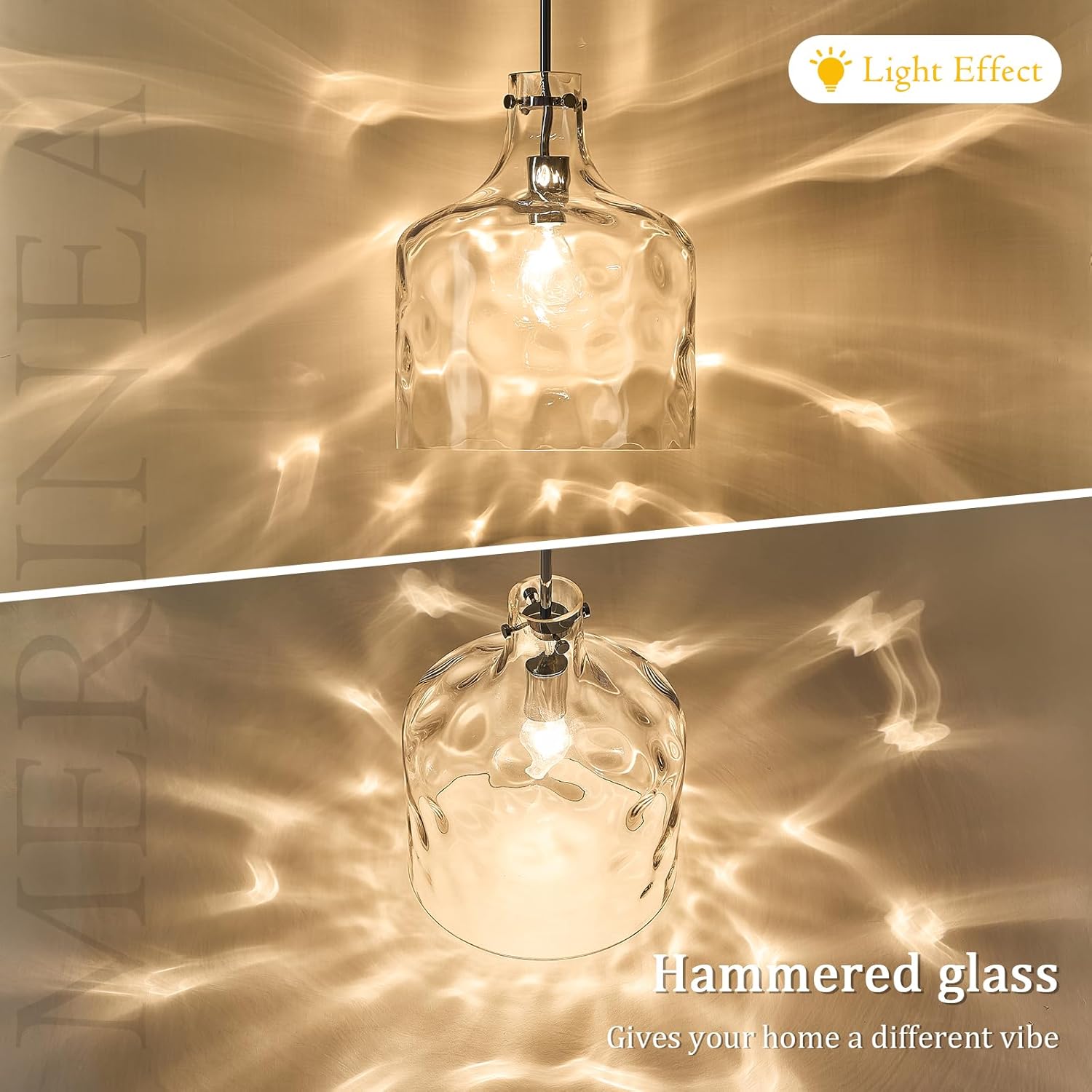 Farmhouse Pendant Light – Hand-Blown Clear Hammered Glass Shade, Chrome Finish, Adjustable Chain Hanging Fixture for Kitchen Island, Dining Room & Hallway, 15" H x 12" D