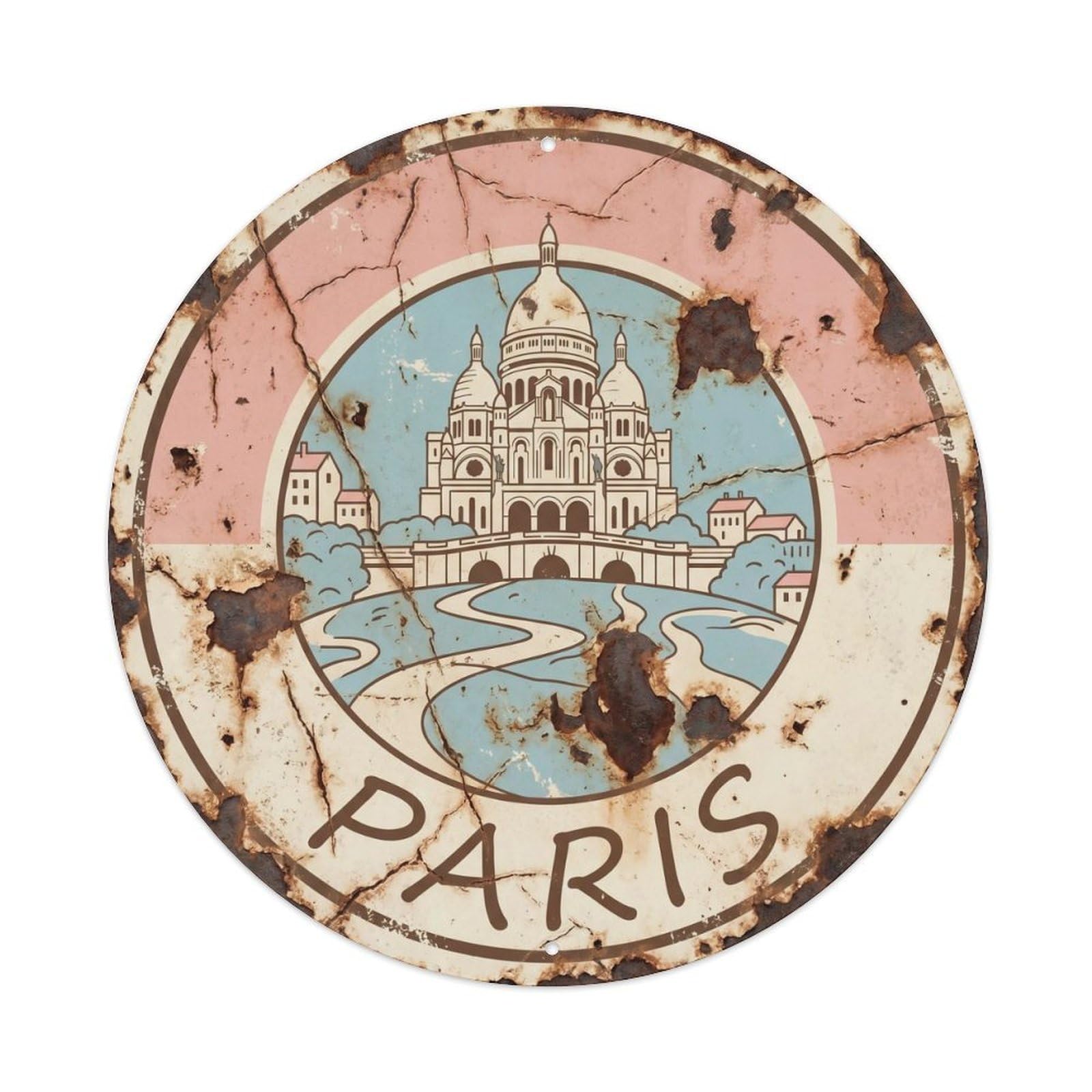 Vintage Travel Parisian Sacre Coeur 1 Metal Tin Sign Plaque Wall Decor for Cafe, Club Bar, Office, Home Garden Round Metal Poster 8x8Inch