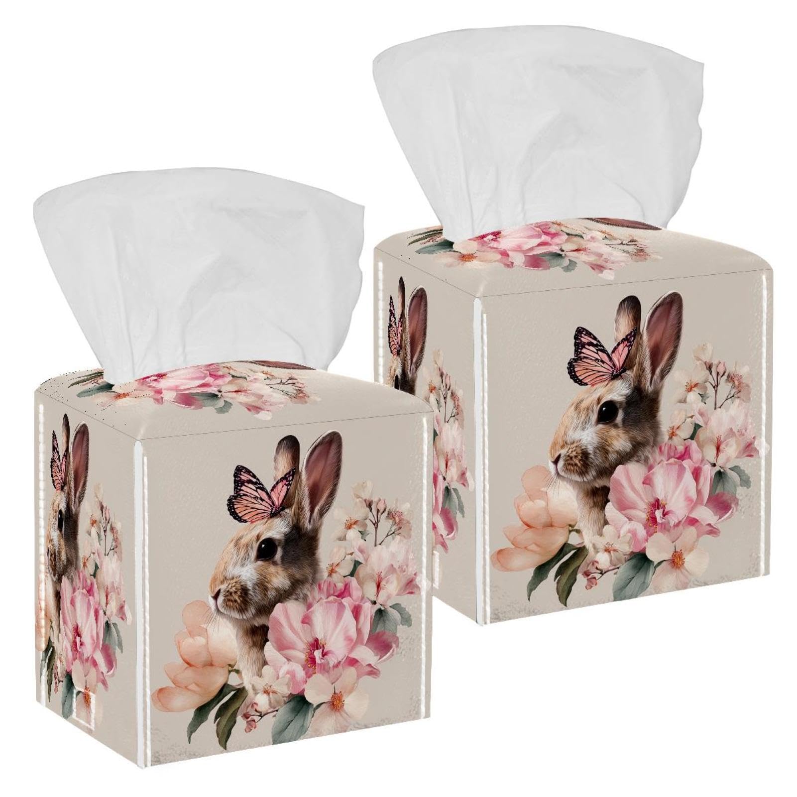 Rabbit and Flowers Tissue Box Cover, 2 Pack PU Leather Square Facial Tissue Dispenser Box holder for Home Office Car