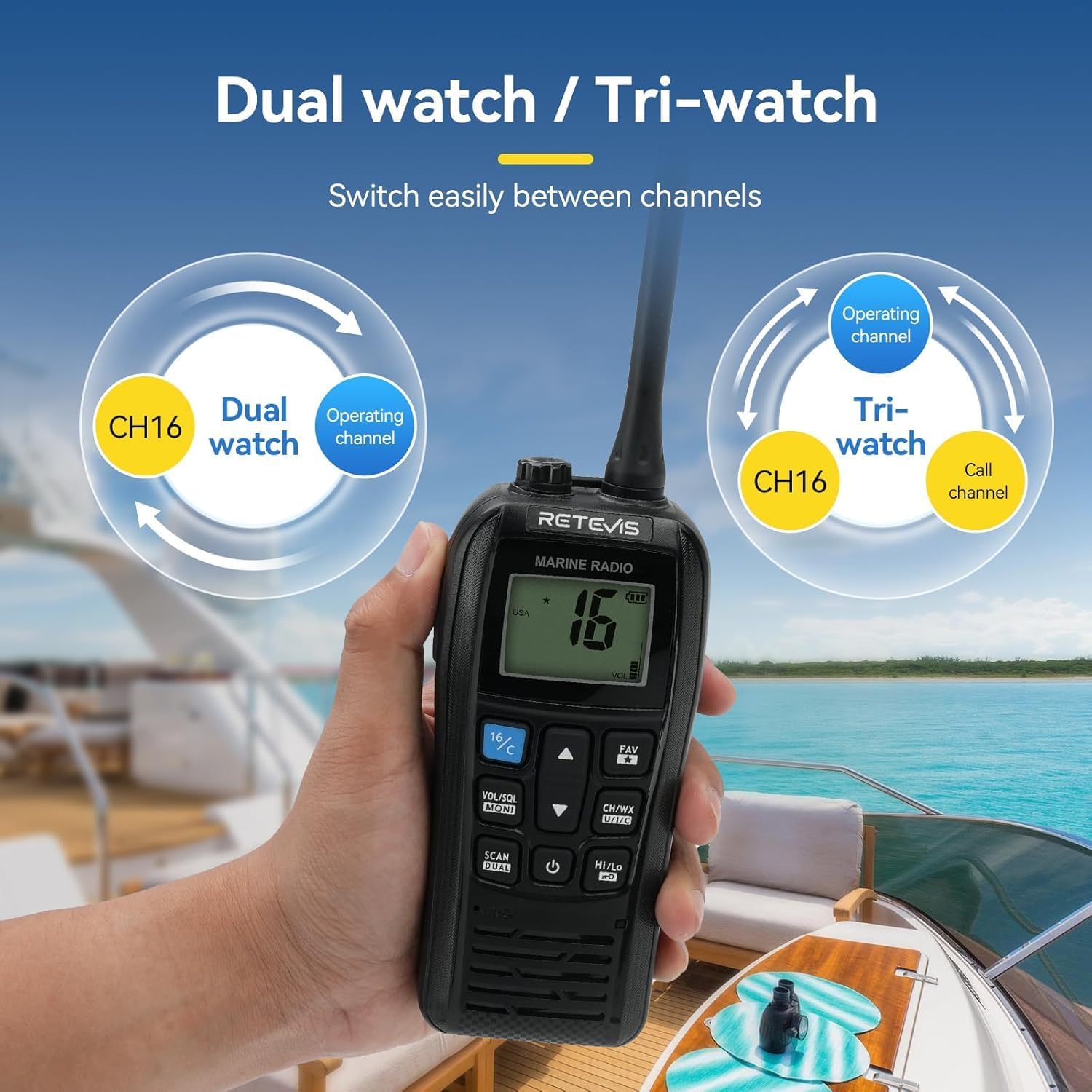 Retevis RM22 Marine Radio, IP67 Waterproof Handheld Floating Radio, High Power, Noise Cancelling Mic, NOAA Weather, 2200mAh, USB Charging, Backlit LCD Display, Boat Radios for Kayak Fishing(2 Pack)