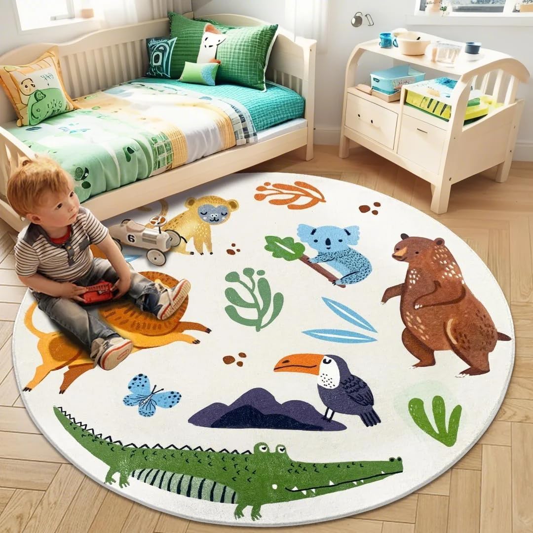 5.2Ft Zoo Rug Play Mat for Kids Room, Soft Round Animal Circle Carpet with Latex Backing, Jungle Bedroom Decor for Boys Girls Nursery