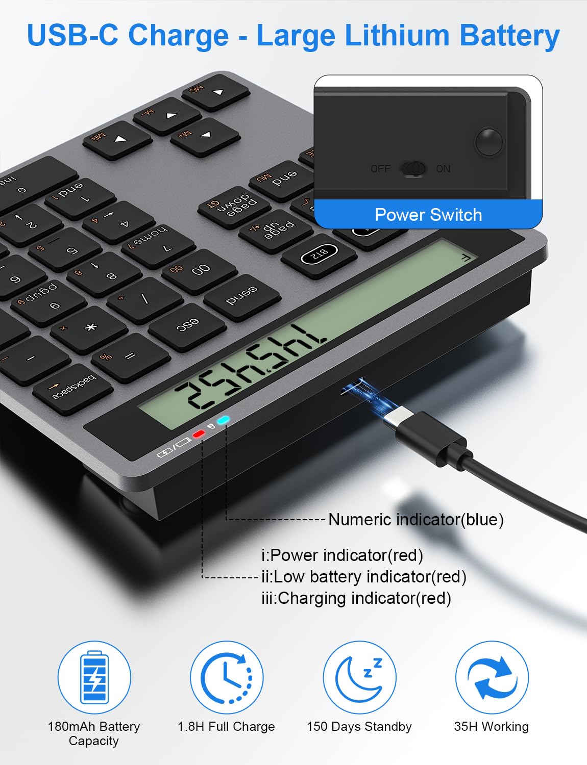 Tastierino Numerico Wireless Bluetooth con Calcolatrice - Tastierino numerico sottile ricaricabile a 34 tasti, inserimento dati + calcolo per MacBook, Pad, Computer Portatile, Cablato e wireless 2in1