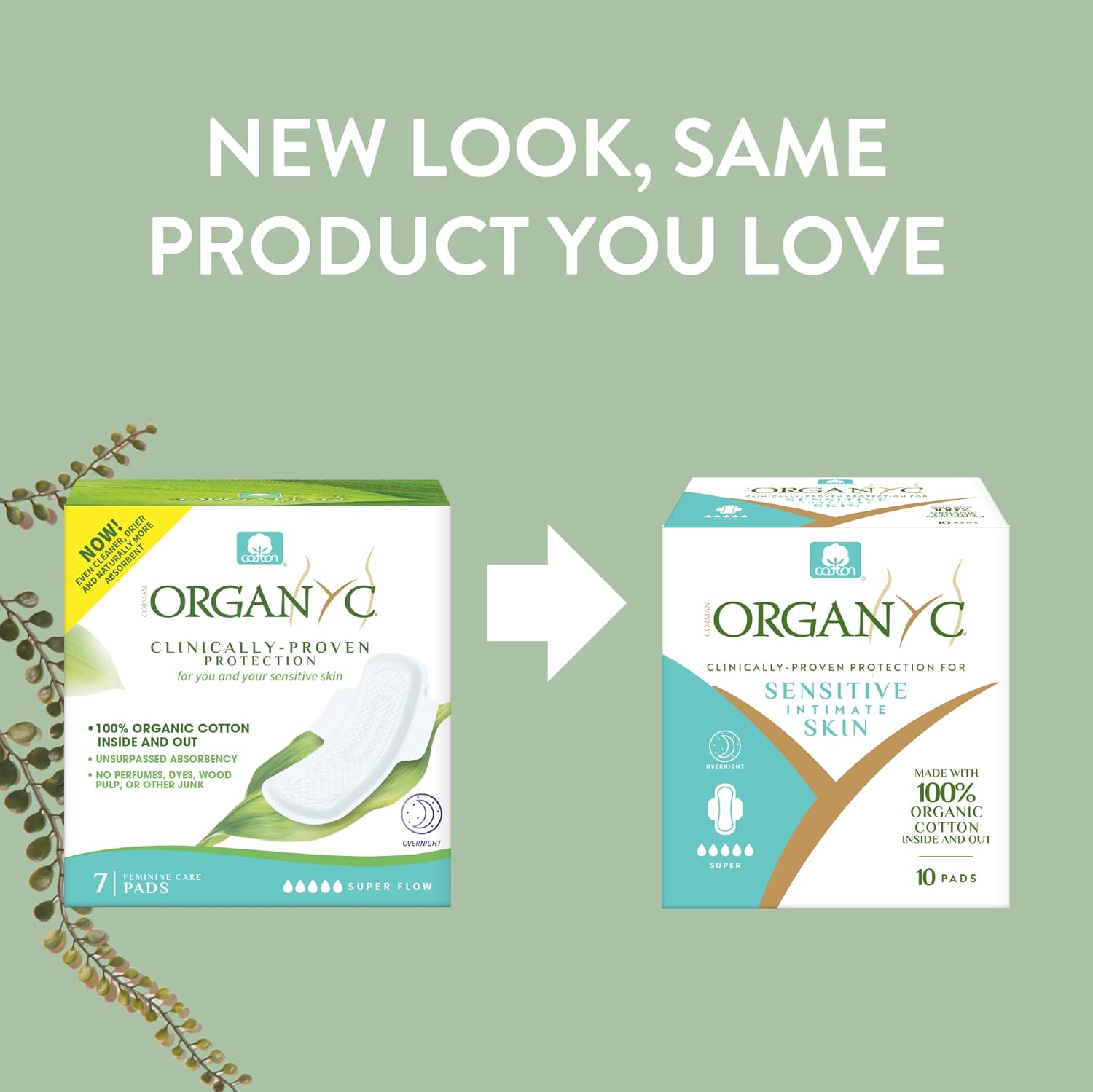 Organyc New Version 100% Certified Organic Cotton Inside and Out Overnight Feminine Pads, Heaviest Flow, Super Absorbency 2.0, 7 Count (6 Pack)