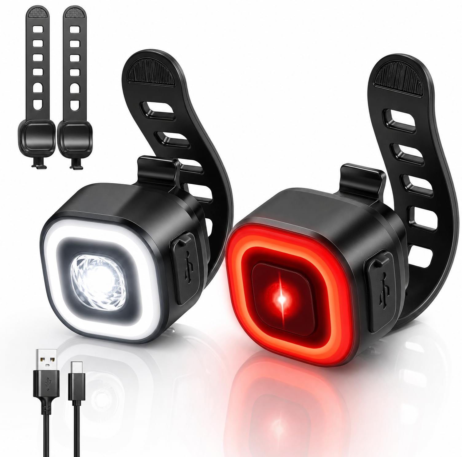 Kit d'éclairage LED pour vélo homologué StVZO - Rechargeable avec feu stop intelligent - Étanche IPX5 et résistant aux chocs - Kit de lampes de vélo USB-C pour vélo d'enfant, vélo électrique, VTT