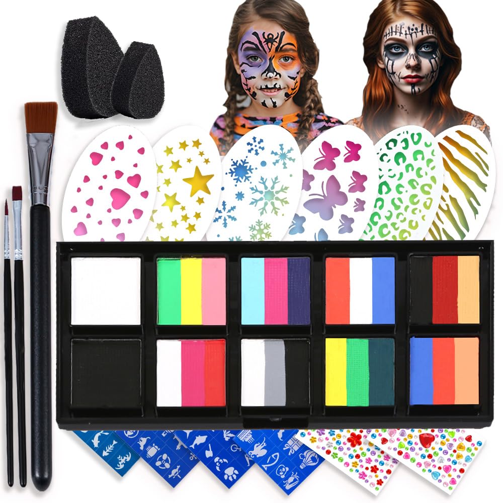 Face Painting Kit - Professional Rainbow Split Cake for Body & Face Makeup, Water Activated, 10 x 10g, with Stickers, Brushes, Sponges, for Halloween,