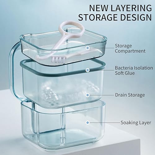 Miniatura 5 de Estuche de limpieza de dientes falsos con drenaje  Contenedor de baño de prótesis dental resistente a fugas, retenedor y caja de almacenamiento de