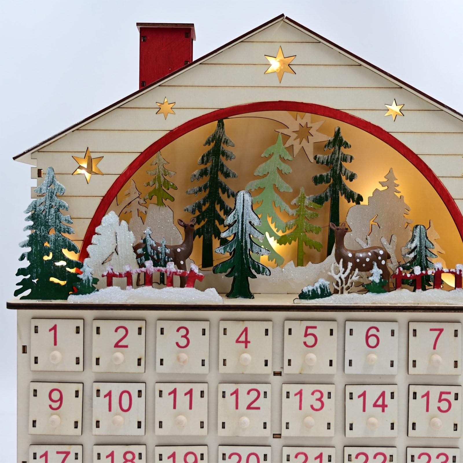 Natürlicher Holz-Adventskalender, Weihnachts-Holz-Advent mit Schubladen, LED-beleuchteter Countdown mit 24 Schubladen, Countdown bis Dekorationen für Partydekoration