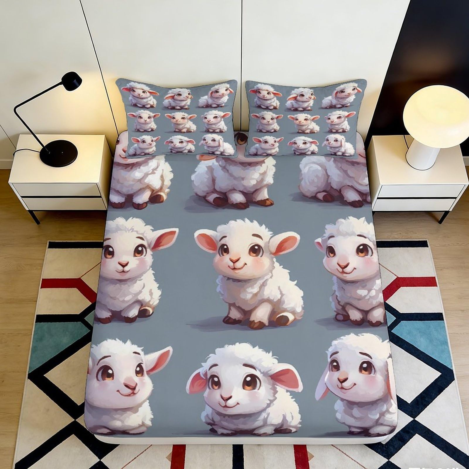 3D Printed Cute Lamb Fitted Sheet Microfiber Soft Breathable Cartoon Sheep Bed Cover for Bedroom Dormitory Guest Room Mattress Protection Decor 180x200x25cm