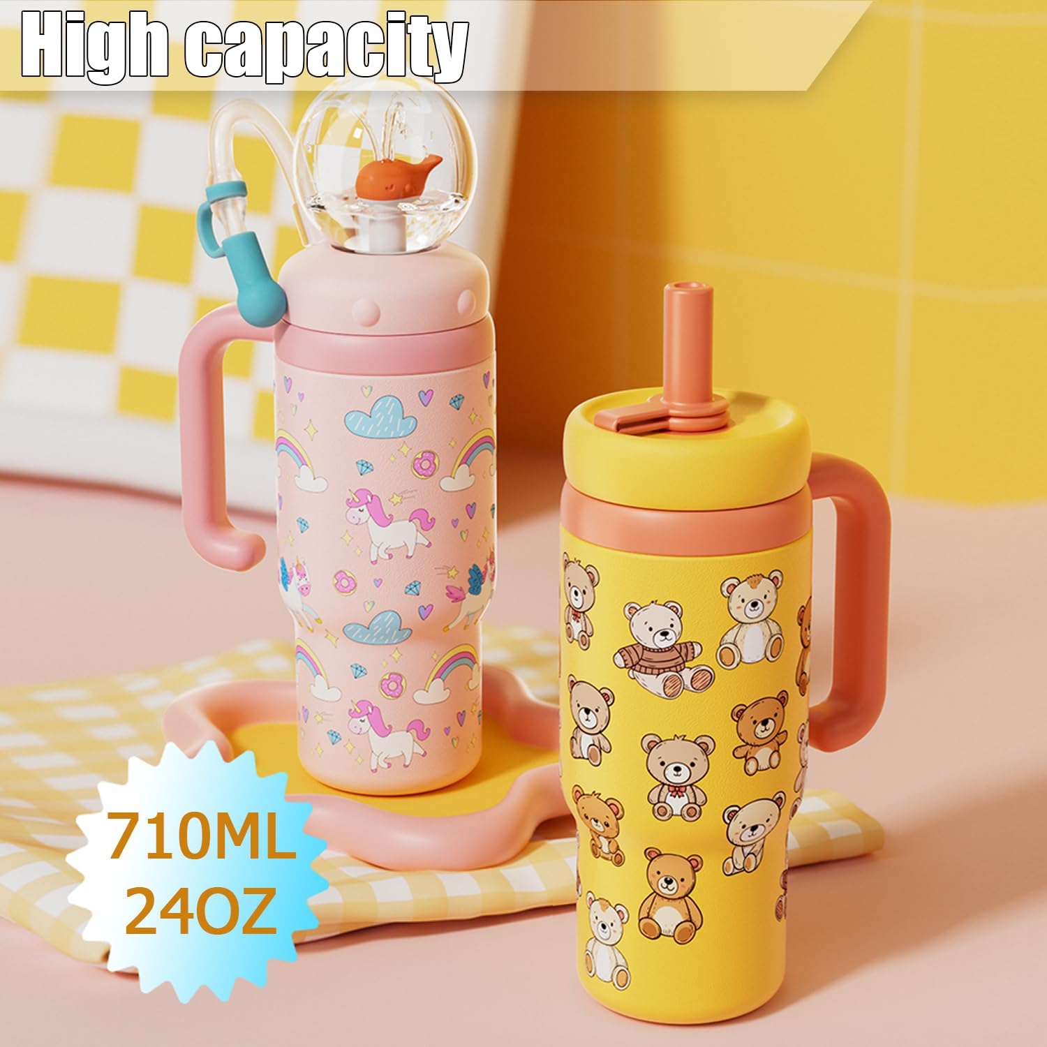 VICSPORT Drinking Cup with Whale Squirt, Stainless Steel Whale Fountain Tumbler, Whales Spray Straw Sippy Cups Water Bottle with Two Lids 24oz for Kids & Adults