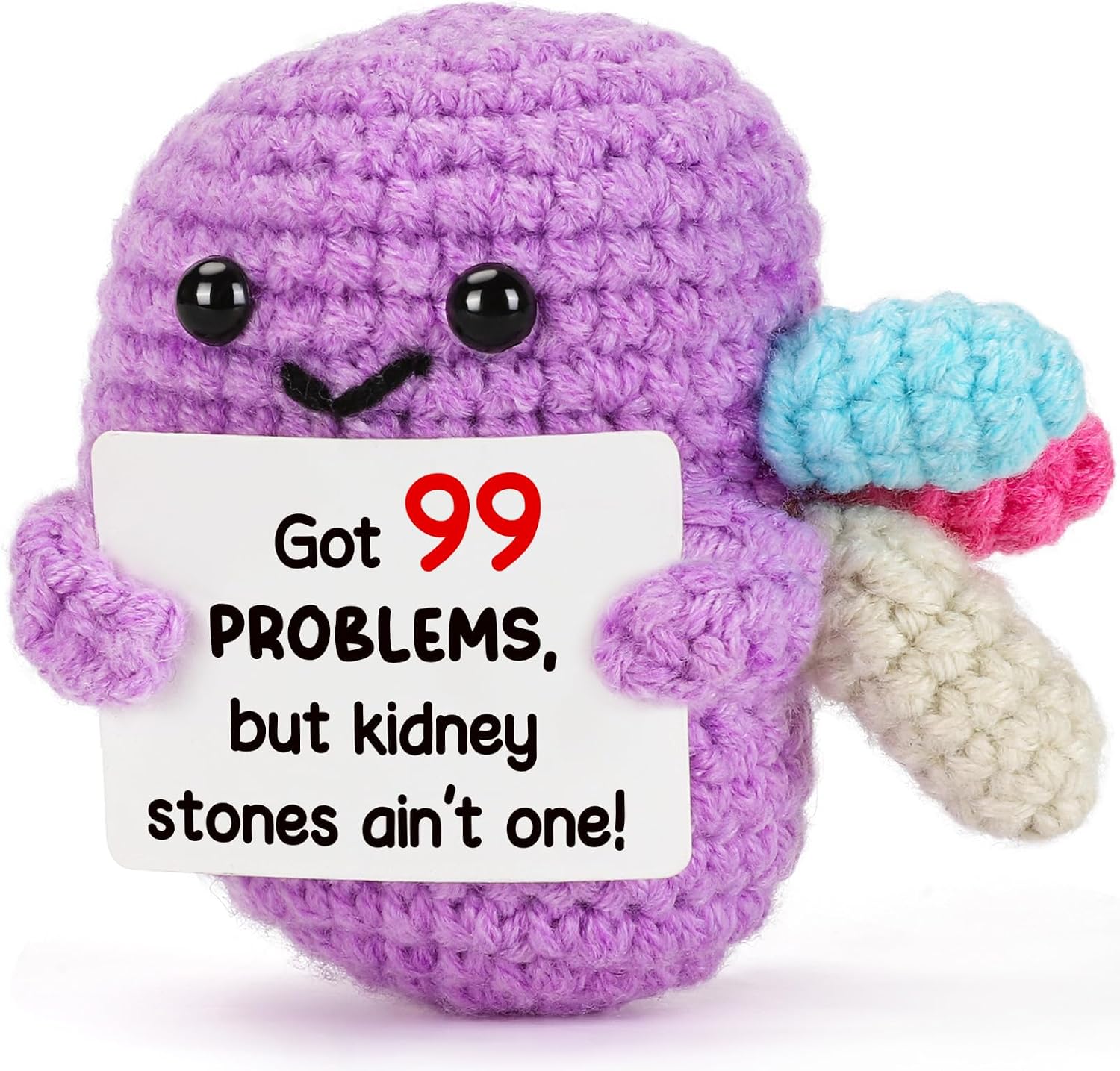 Funny Kidney Gift – Purple Crochet Kidney Plush with Pun Card “99 Problems But Stones Ain’t One” – Get Well, Urology & Nephrology Humor for Patients, Nurses, Doctors