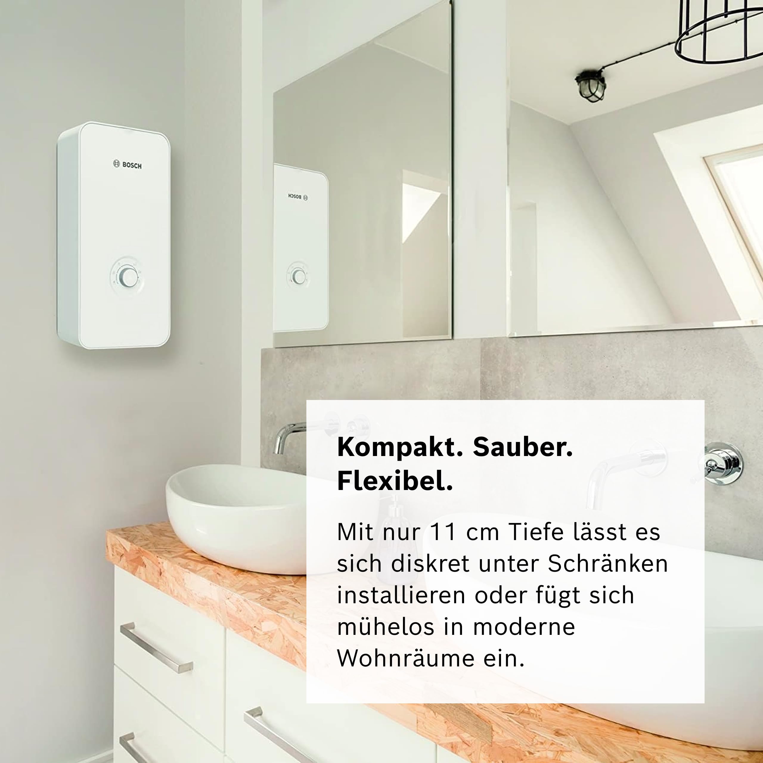 Bosch elektronisch geregelter Durchlauferhitzer Tronic Comfort AquaStop 21/24/27 kW - Umschaltbar, druckfest, stufenlose Temperaturwahl, moderne Glas-Optik, weiß [Energieklasse A]