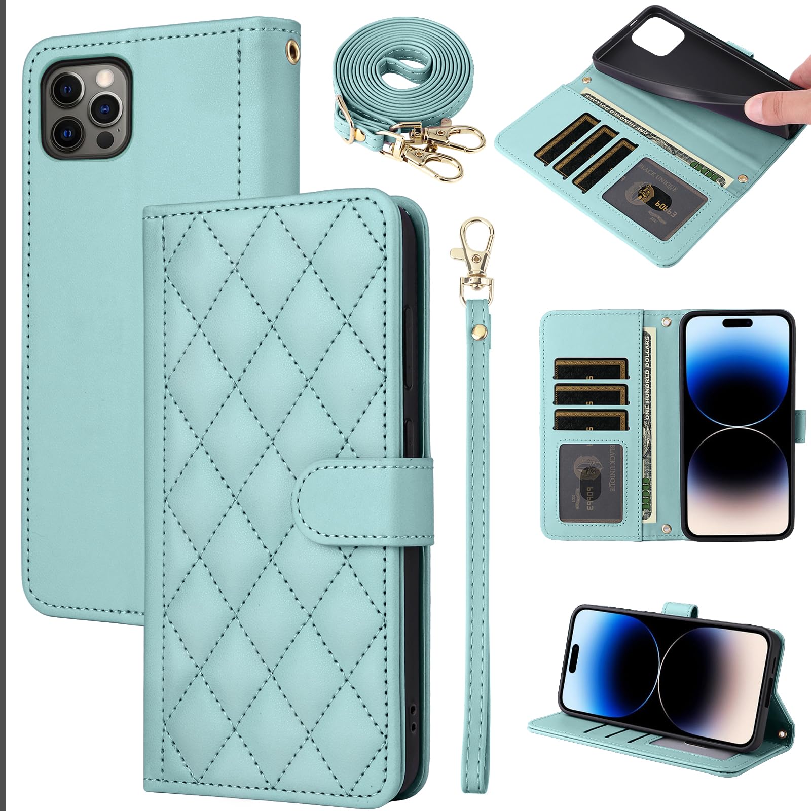 Furiet Wallet Case for iPhone 14 Pro Max 6.7 inch with Wrist Strap, Shoulder Strap, Card Slots Folio Purse, PU Leather Stand Phone Cover for