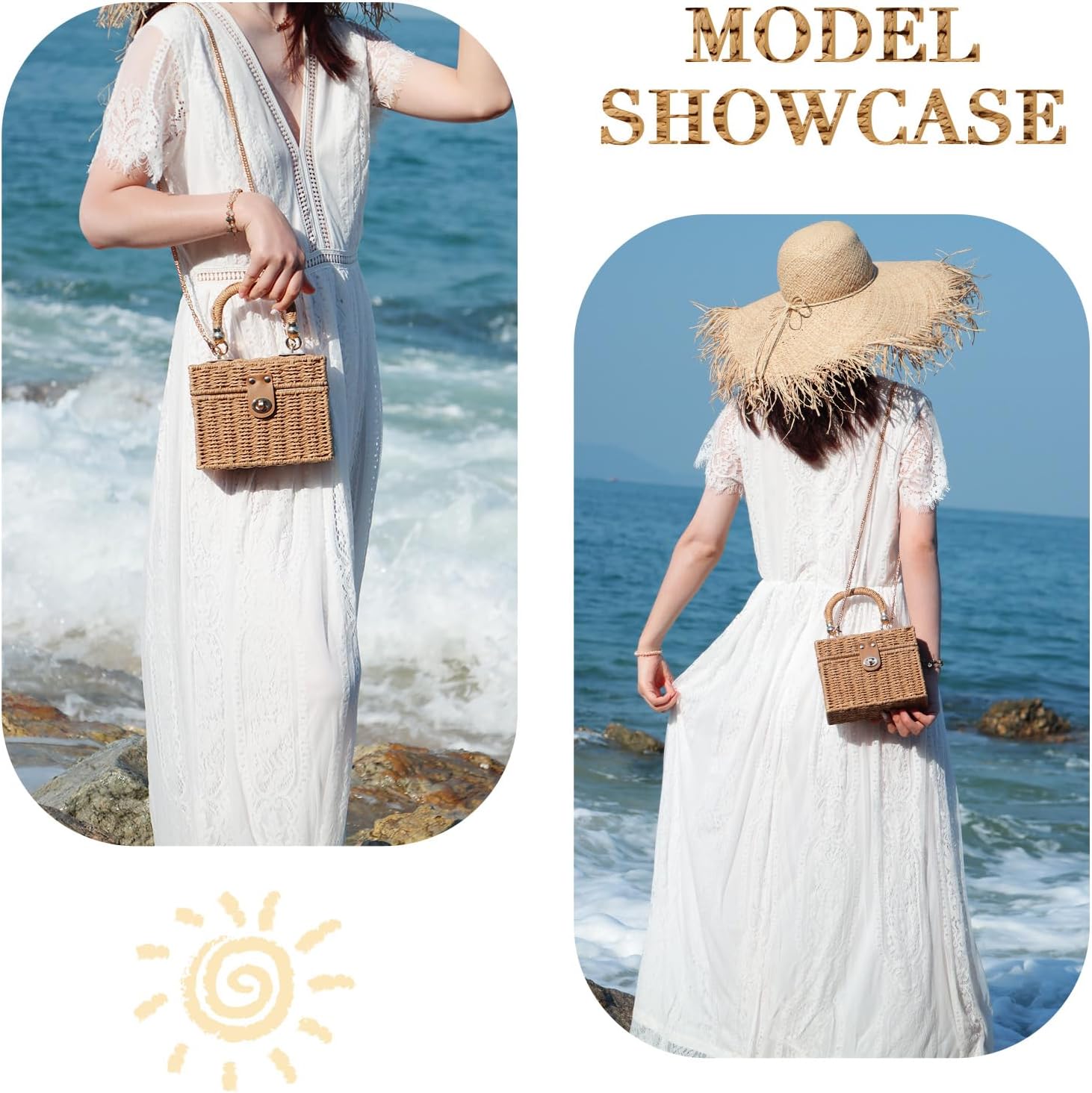 Fecialy Women Handwoven Rattan Handbag Beach Straw Tote Bag Square Boho Crossbody Bag
