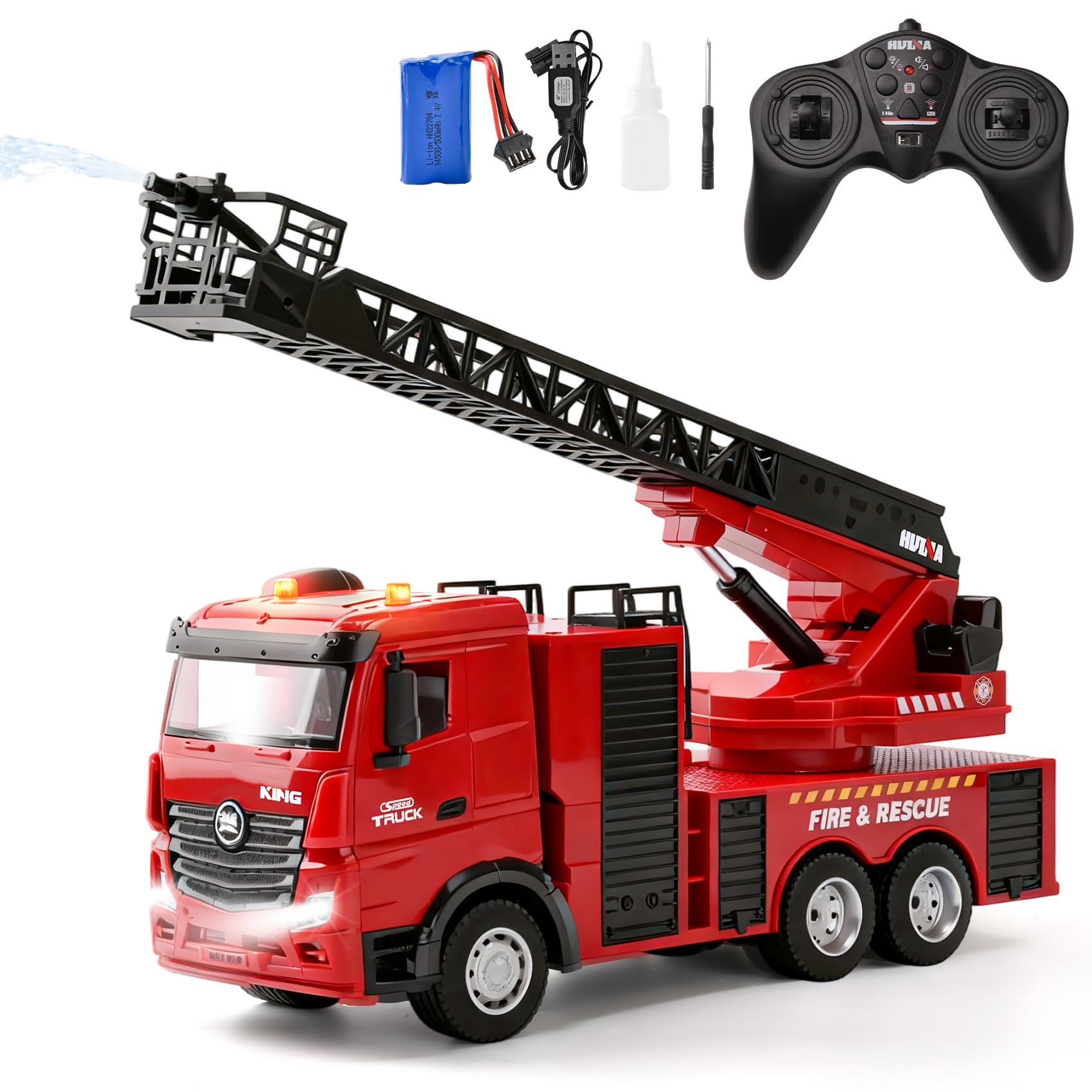 Grande Camion dei Pompieri RC 1:18, Camion Pompieri Giocattolo con Scala Girevole 270° e Funzione Spruzzatrice, 7.4V Ricaricabile, Giocattoli Vigili del Fuoco per Bambini dai 3 ai 12 anni