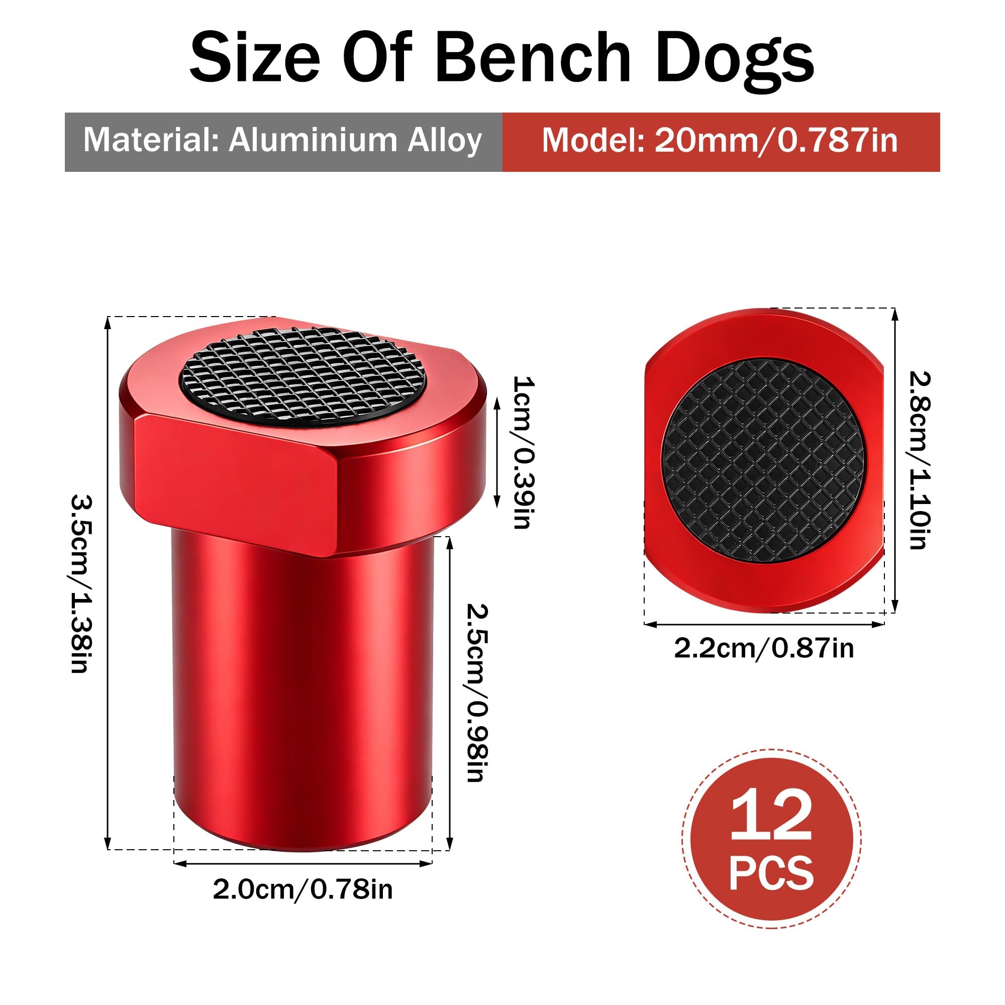 12 Pièces Bench Dogs, Crochet de Banc en Alliage d'Aluminium pour Trou de Chien 20mm, Pince pour Chien, Accessoire pour le Travail du Bois de Rabot, Mâchoires de Serrage pour Fixer les Pièces(Rouge)