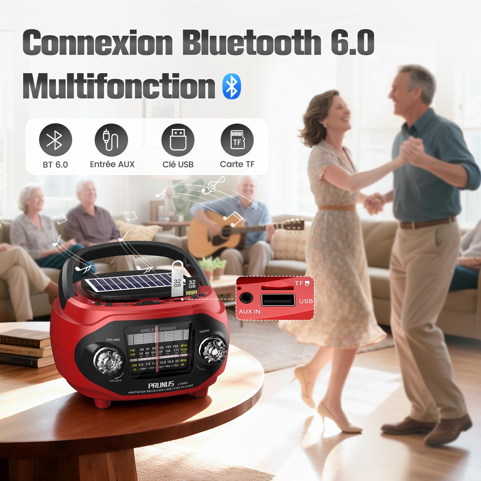 PRUNUS J-666 SW/AM/FM Radio Vintage Retro, Poste Radio Portable Rechargeable avec 1800mAh, Radios Bluetooth 6.0, Panneau Solaire et Port de Charge USB-C, Compatibilité USB/AUX/TF