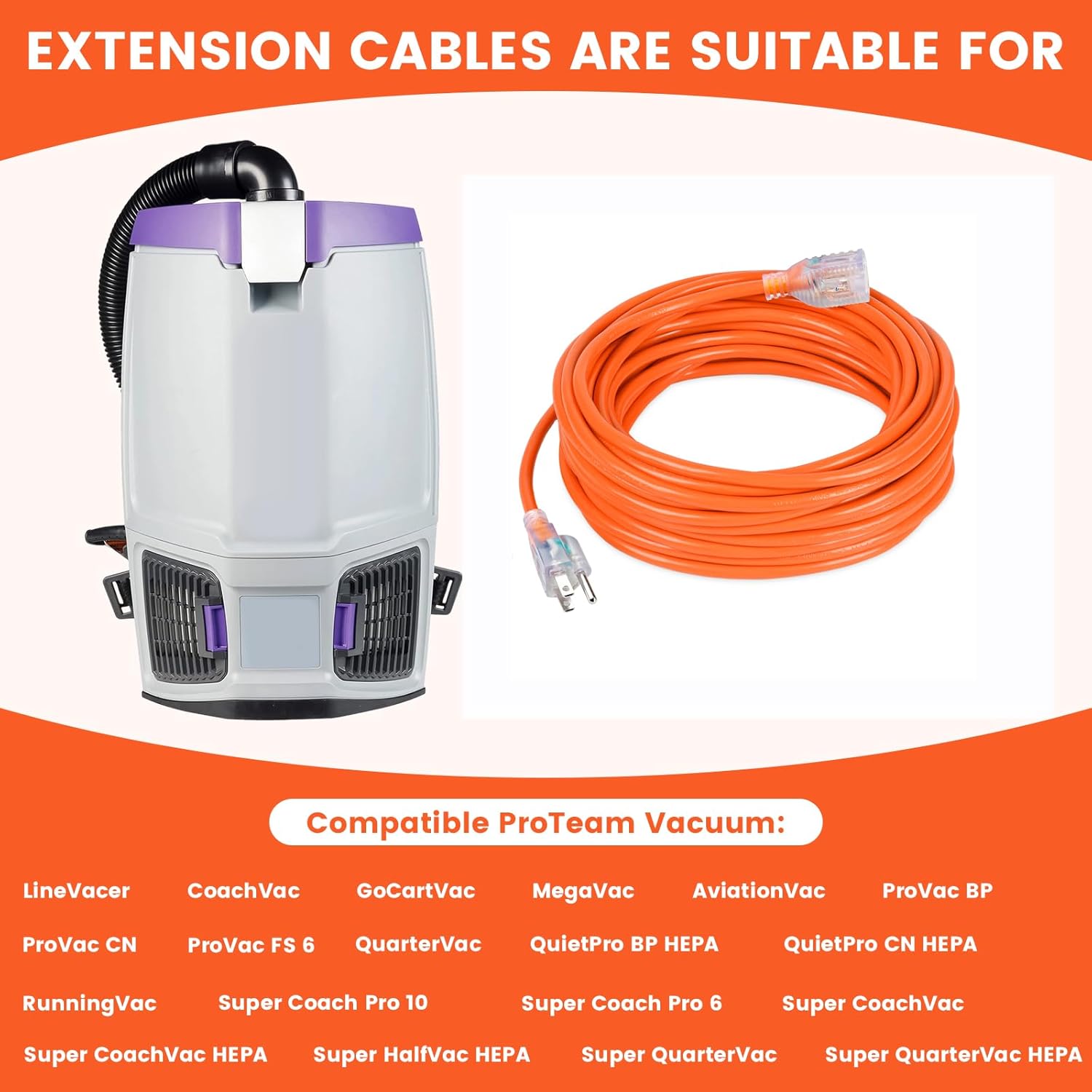 50FT 101678 Extension Cord Compatible with ProTeam Backpack Vacuums, Heavy-Duty 16AWG SJTW Orange Power Cord, Extension Cord