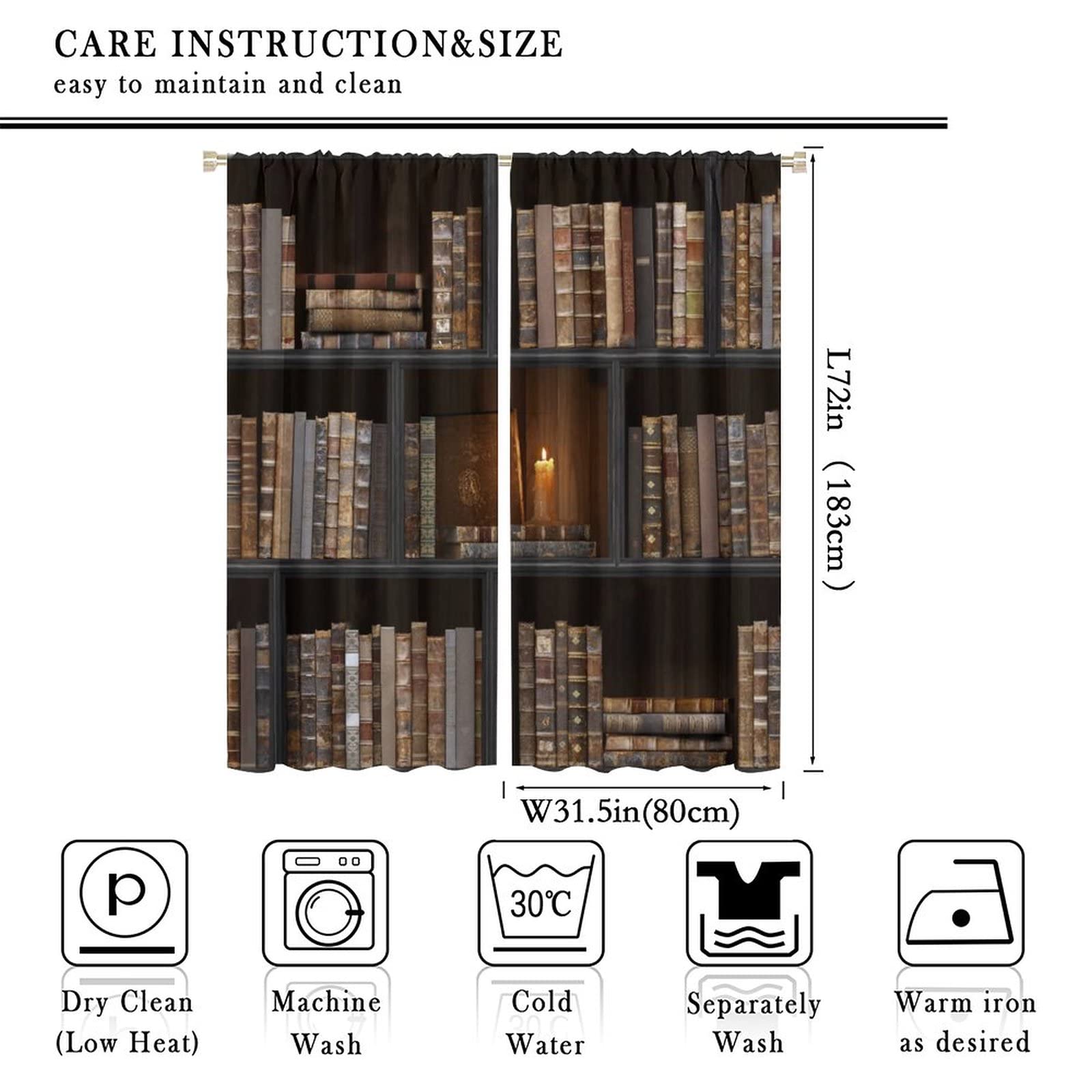 Vintage Bookshelf Blackout Curtains Retro Black Wood Bookshelf Old Books Design Window Drapes for Kids Boys Girls Living Room Bedroom Decor Tie Up Window Drapes Living Room 63x72in