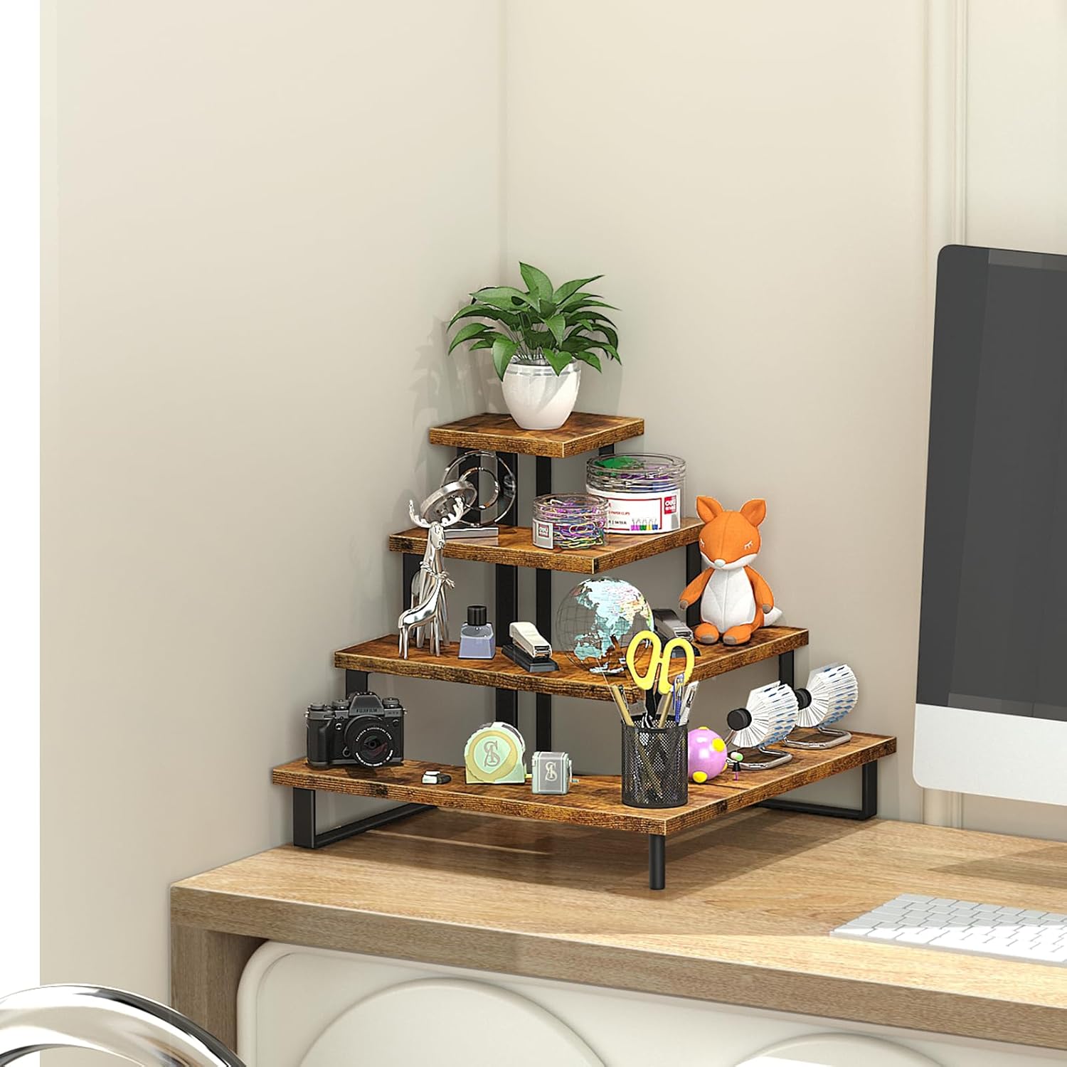 ELITEROO 4 Tier Display Riser Stand, Wood & Metal, Space Saving Corner Stand for Retail, Vendor & Home Use