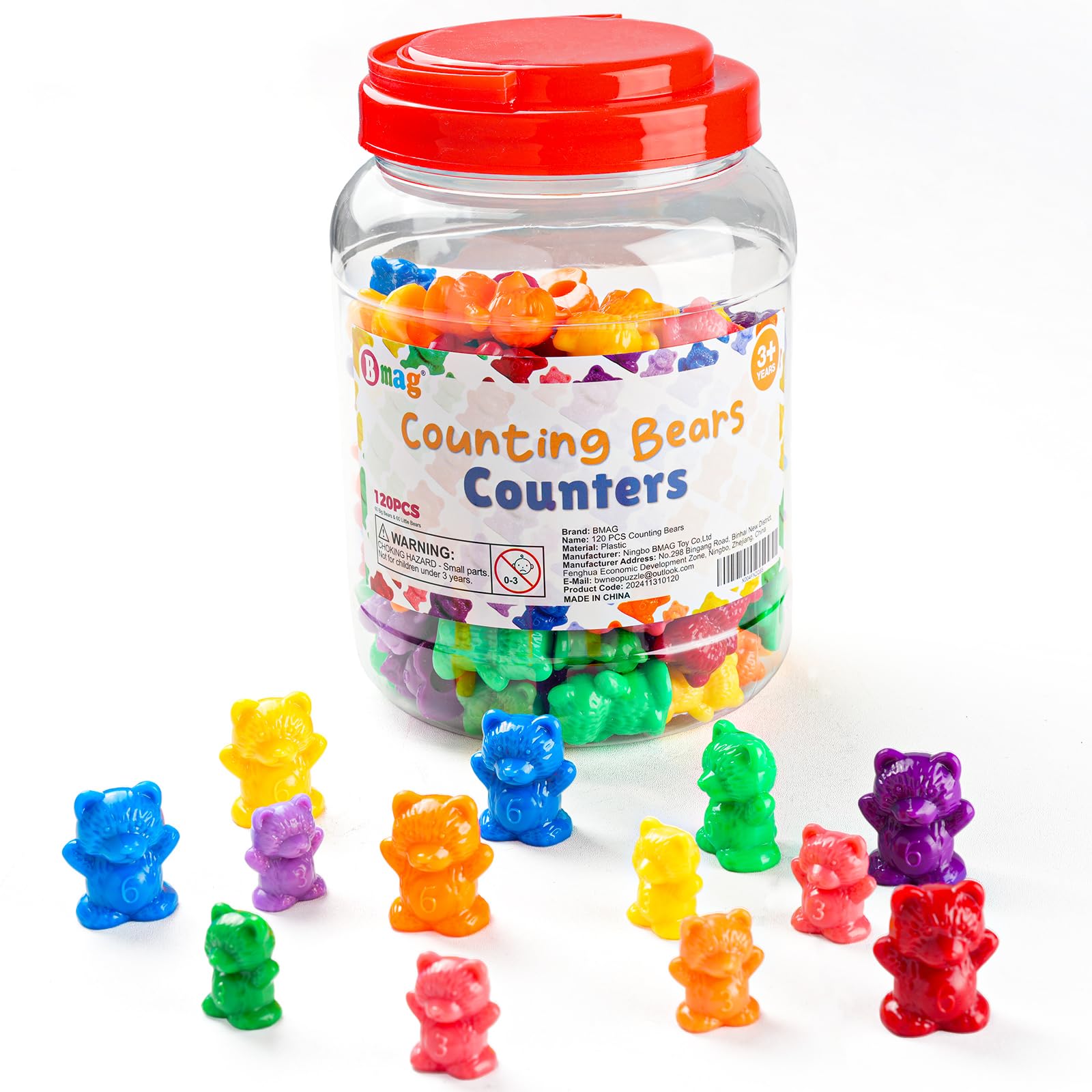 Bmag 120 PCS Counting Bears Math Manipulatives (60 Large & 60 Small Bears in 12 Colors), Color Sorting Toys for Toddlers 3+, Preschool & Kindergarten STEM Learning Educational Toys with Storage Jar