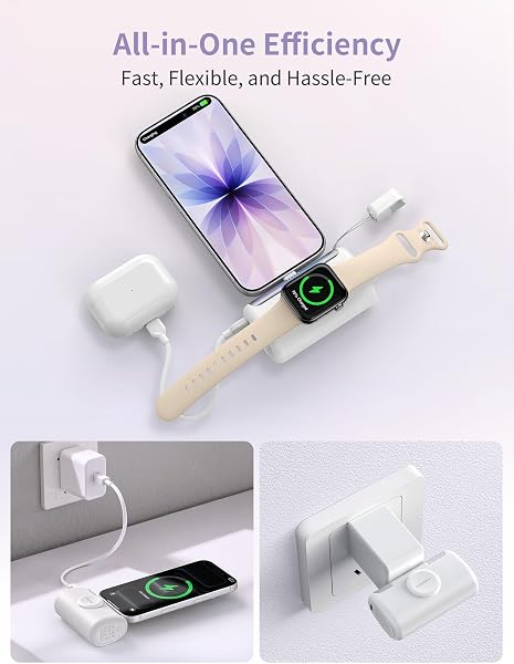 RORRY PalmGo Portable Charger, 10000mAh PD 22.5W Fast Charging Mini Power Bank with Built-in USB C Connector, 3-in-1 Battery Pack for iPhone 17/16/15 Pro/Max, Apple Watch Ultra/11/10/SE, iPad, White - 5