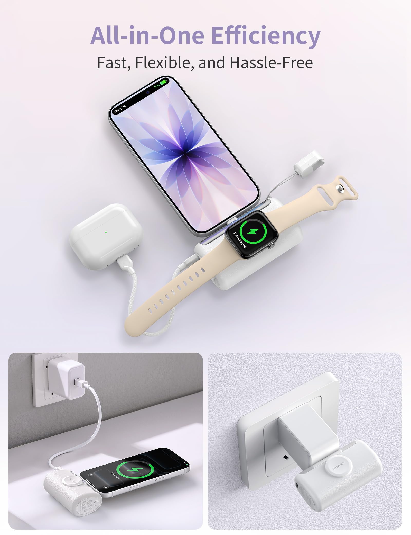 RORRY PalmGo Portable Charger, 10000mAh PD 22.5W Fast Charging Mini Power Bank with Built-in USB C Connector, 3-in-1 Battery Pack for iPhone 17/16/15 Pro/Max, Apple Watch Ultra/11/10/SE, iPad, Purple — view 5