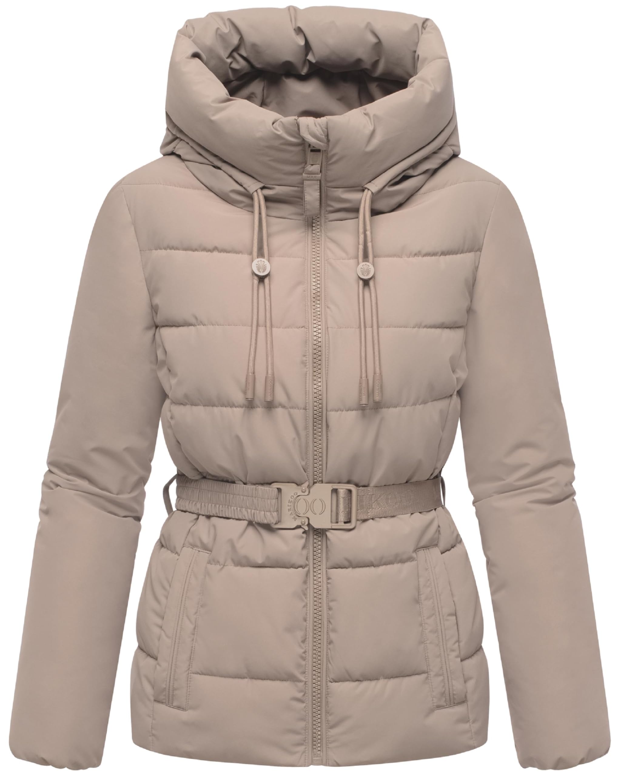 Marikoo Women's Taupe Grey Himee16 Winter Jacket Warm Quilted Jacket With Waist Belt And Hood Xs-Xxl, Xl