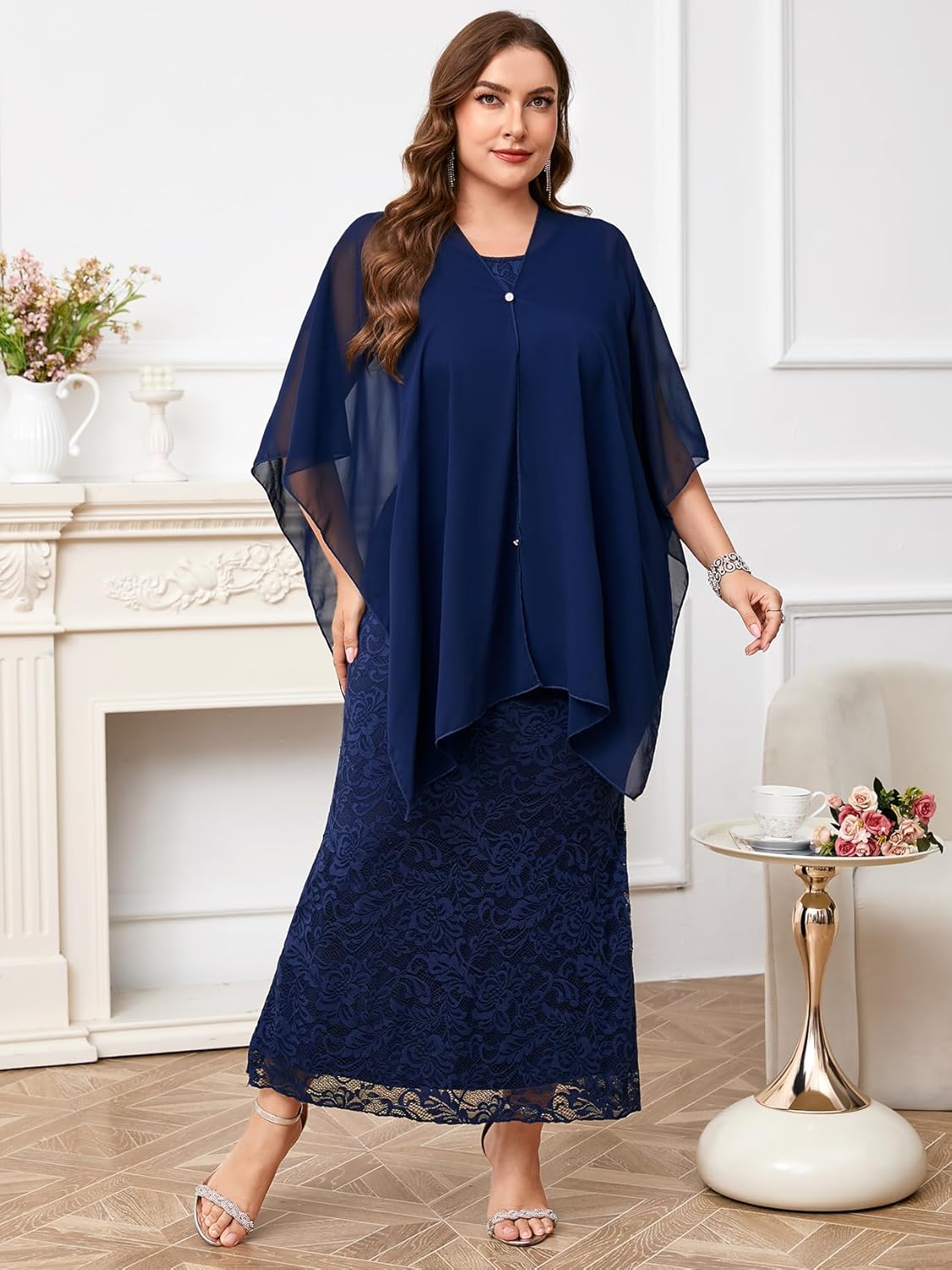 ZOMVA Plus Size 0X-4X Mother of The Bride Groom Lace Dress with Chiffon Cape Overlay Long Mermaid Dress Formal Wedding Guest - Image 3