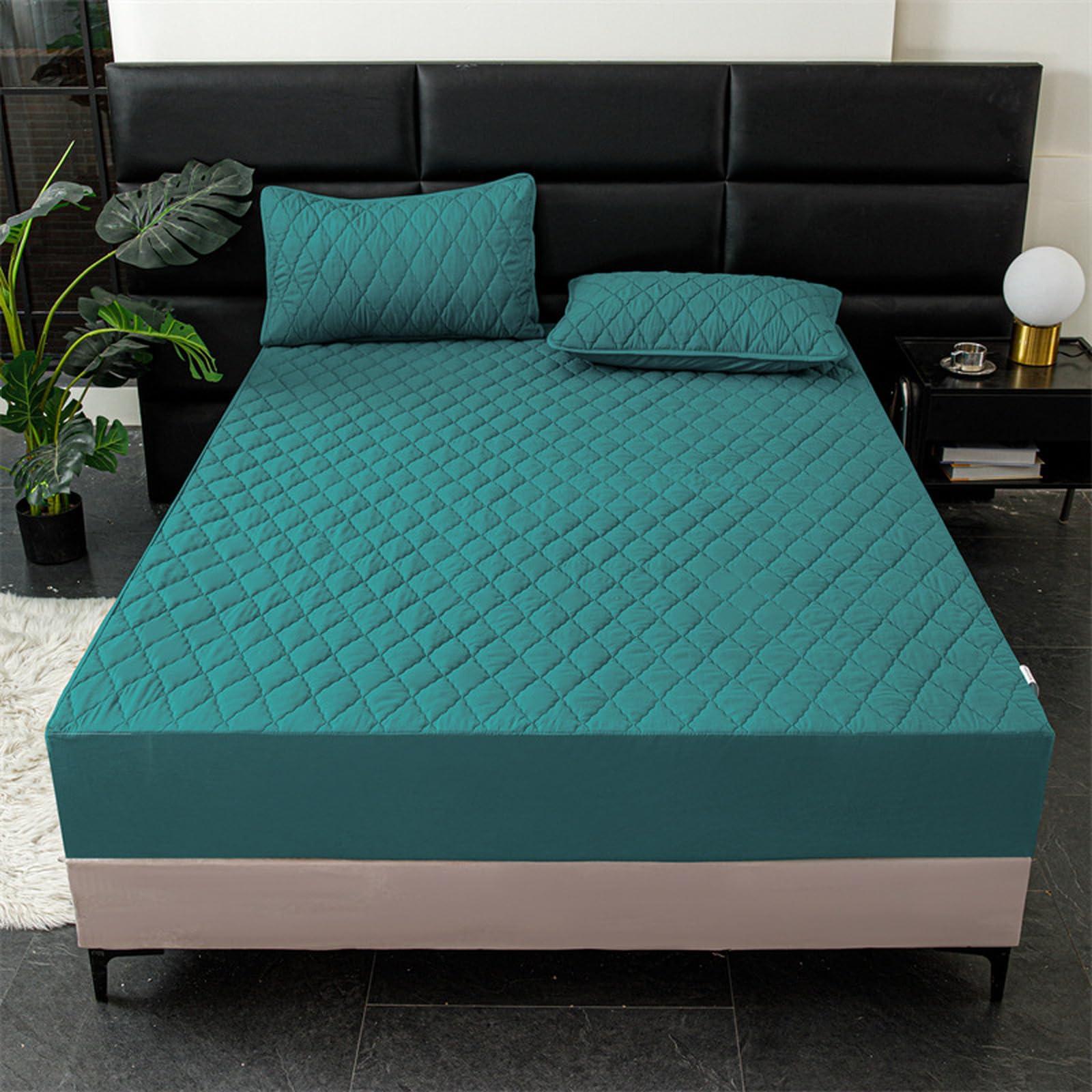 Sábana bajera impermeable de 150 x 200 cm + 30 cm, protector de colchón súper suave, silencioso, extra profundo, color verde oscuro, ideal para camas dobles, calidad premium