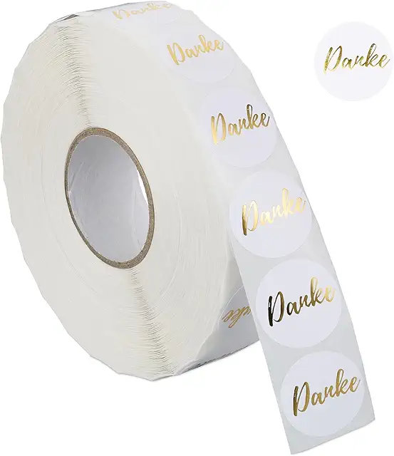 Relaxdays Danke Sticker 2500 Stück, Ø 25 mm, weiß/gold - Dankeschön Aufkleber