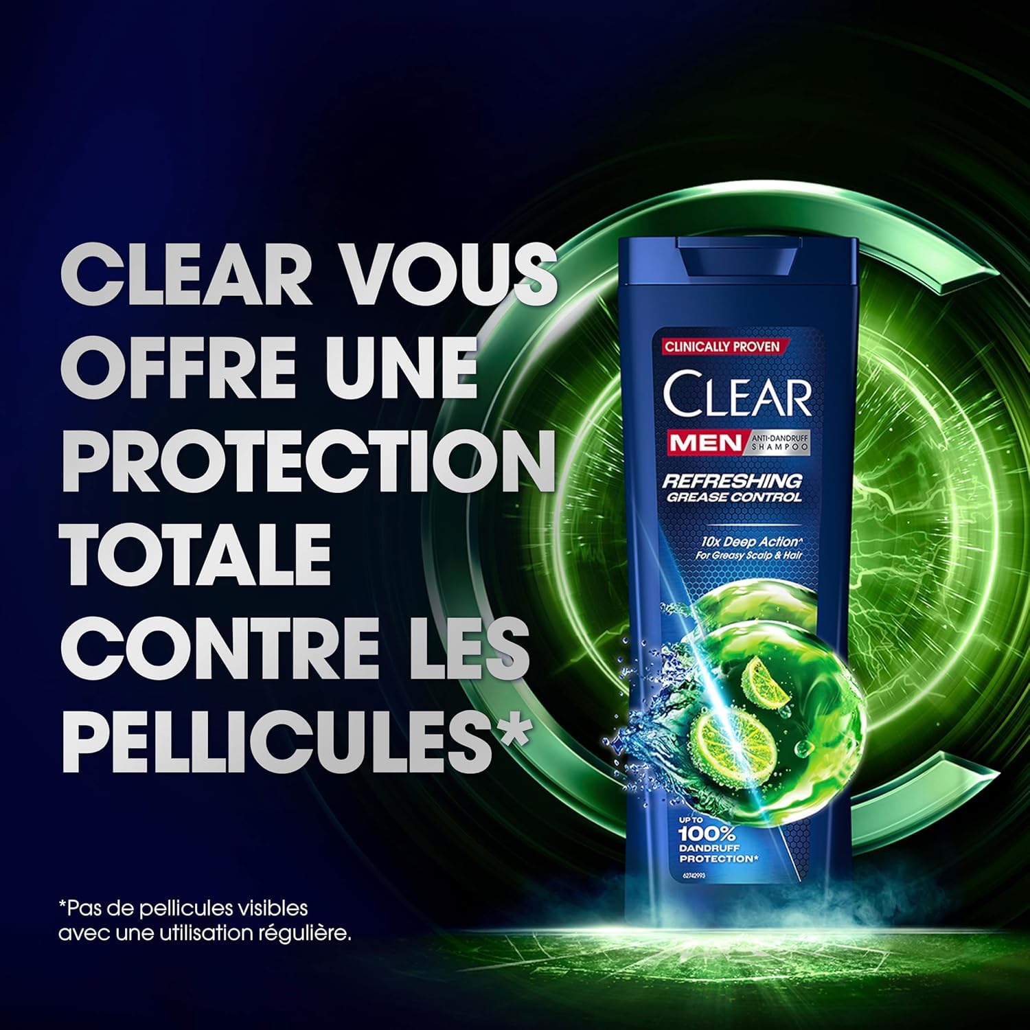 Clear Men Shampooing Antipelliculaire pour cheveux gras Anti-Grease jusqu'à 100% de protection contre les pellicules* 6x 225 ml