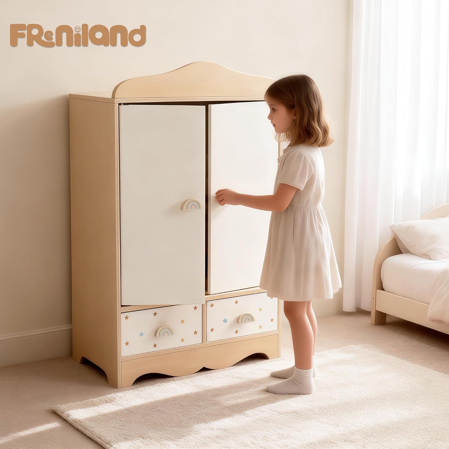 Freniland Wooden Doll Closet Wardrobe with Doors, 3 Hangers & 2 Drawers, Doll Armoire Furniture for 16–20 Inch Dolls, Pretend Play Storage Cabinet Gift for Girls Ages 3+