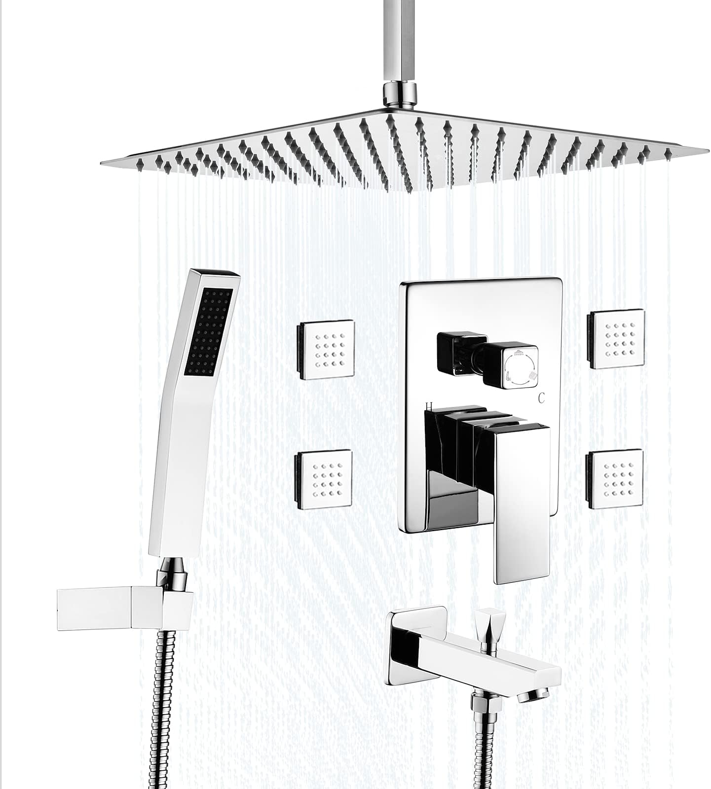 Shower System with Tub Spout Brushed Nickel Bath Tub Faucet Set with 12" Rain Shower Hhead and Handheld Set, Pressure Balance Rough In Shower Valve Body Complete Shower Mixer Set Easy to Install