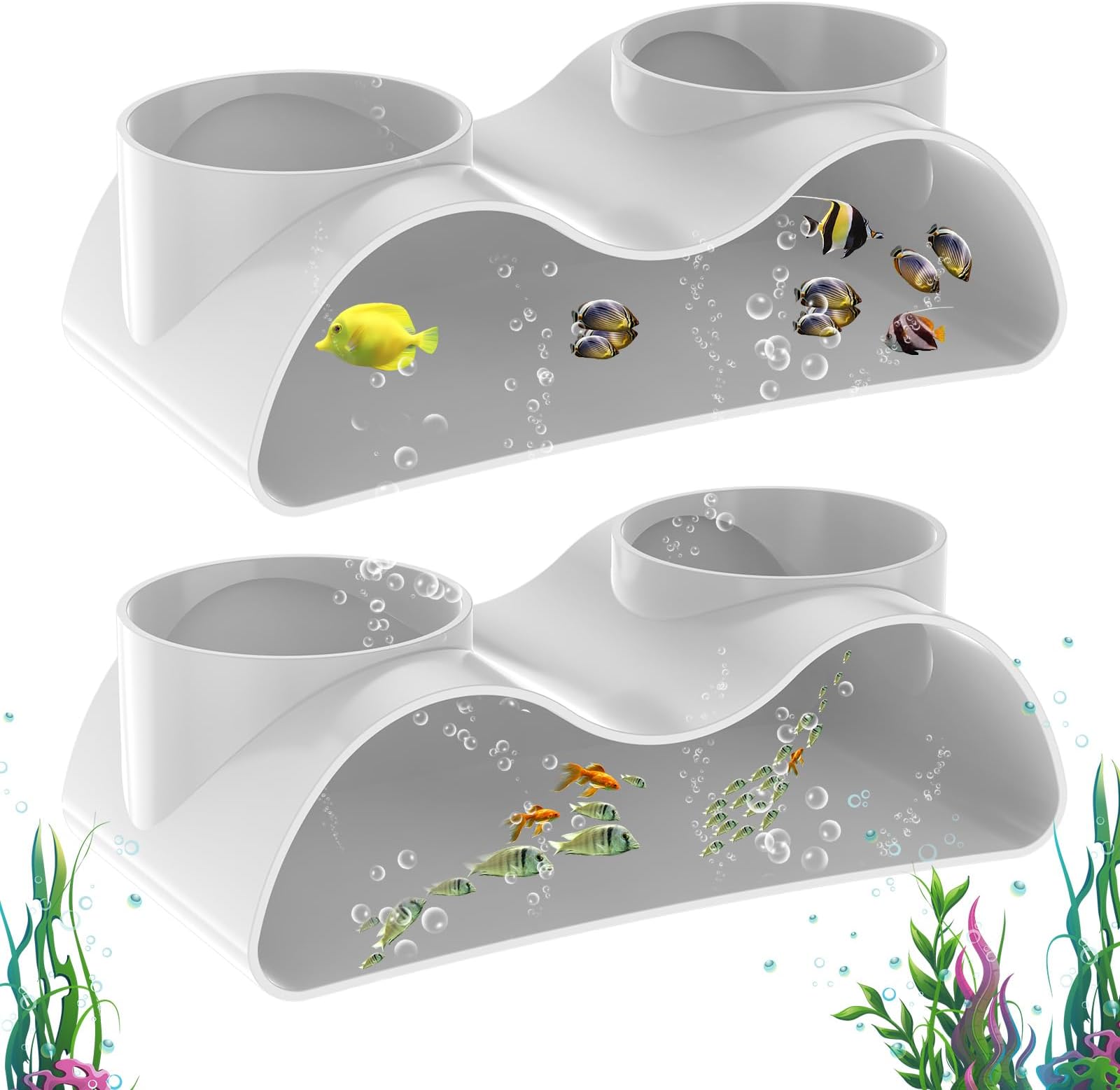 Fish Tunnel, 2 Pieces Aquarium Underground Tunnel Fish Caves, 17.6 x 8.9 x 5.6 cm, Plastic Shrimp Hide Aquarium Tunnel with 2 Entrances, 360° View Fish Container Decorations Hiding (White)