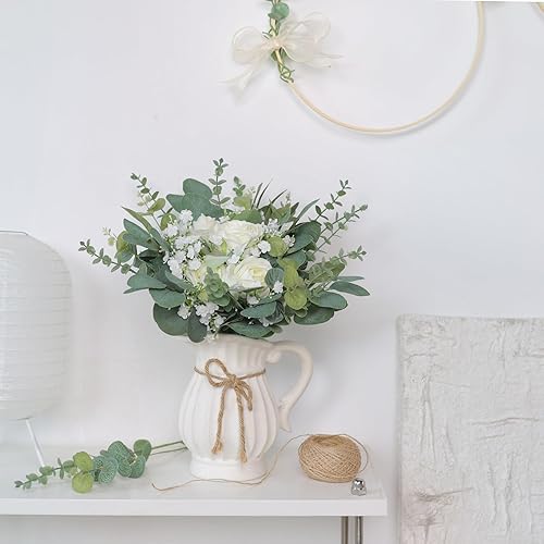 Miniatura 9 de 110 piezas de 7 tipos de tallos de eucalipto artificiales mixtos y flores sintéticas, tallos de hojas de eucalipto de dólar de plata falsas, ramas