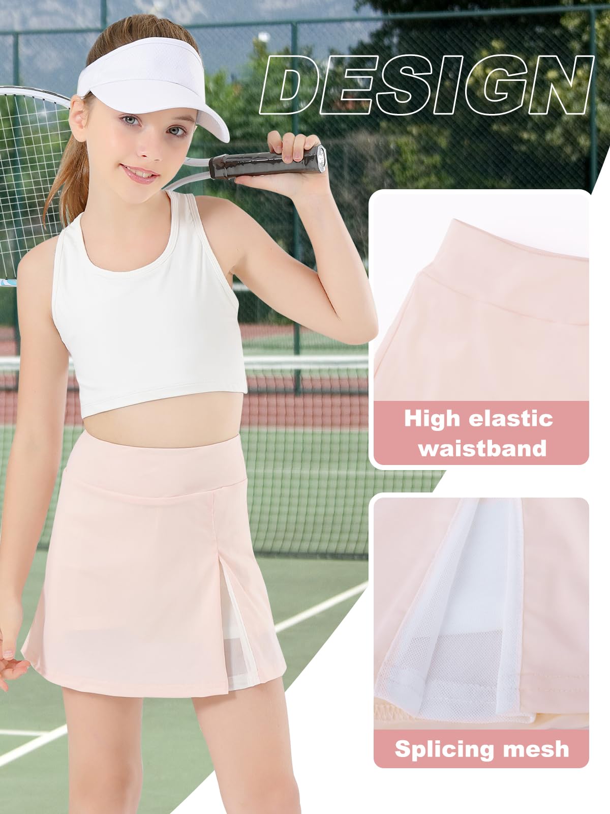 Mädchen-Tennisrock mit Shorts-Tasche, hohe Taille, athletischer Skort für Kinder, Netzstoff, A-Linie, Röcke für Golf, Laufen