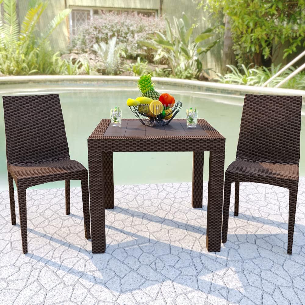 LeisureMod Hickory Stackable Indoor Outdoor Dining Chair, All-Weather Resin Wicker Polypropylene Side Chair, Lightweight & Durable for Patio, Garden, Balcony & Dining Room, Set of 2, Brown