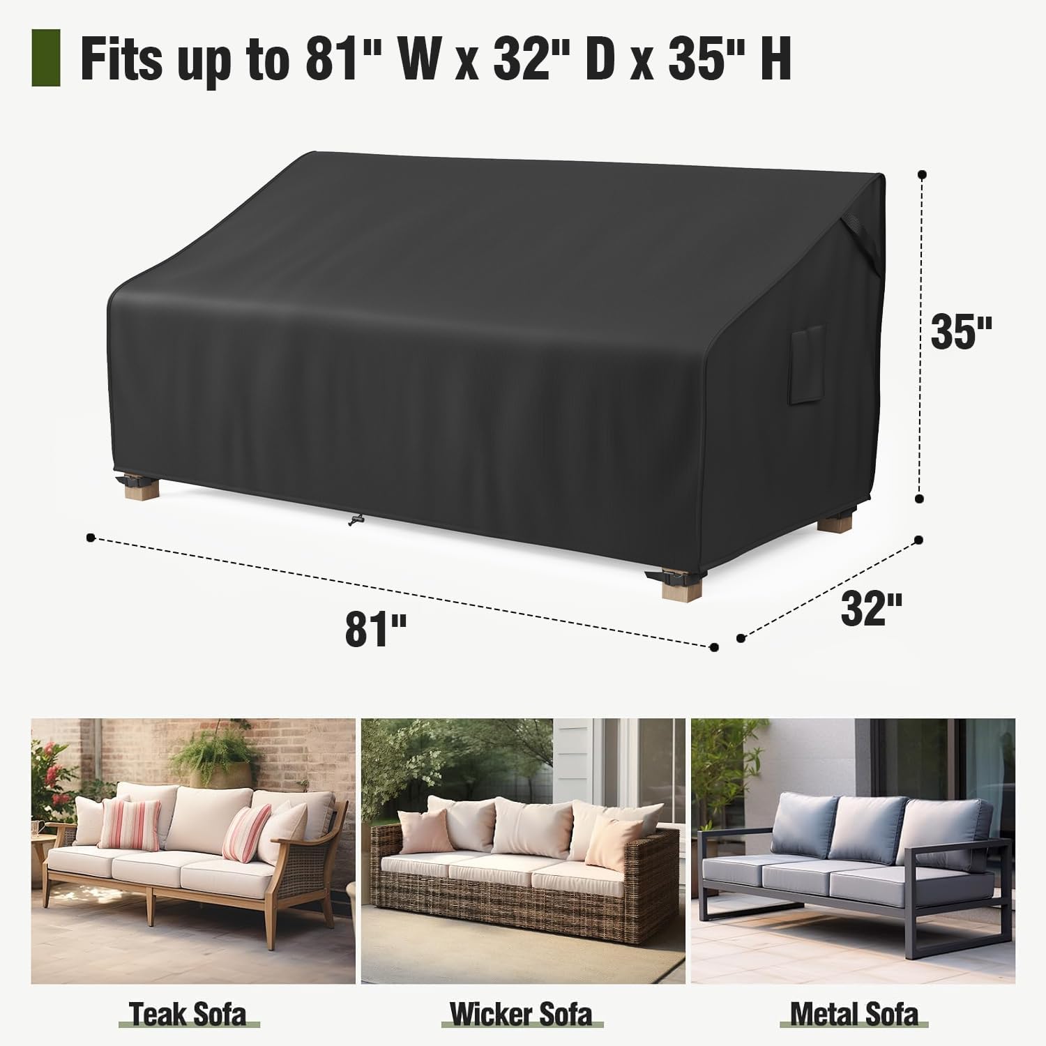 MR.COVER 3-Seater Outdoor Couch Cover Waterproof, Patio Furniture Cover for Sofa, Heavy Duty Outdoor Sofa Covers, Polyester & Double-Stitched Seams, Fits up to 81" W x 32" D x 35" H, Classic Black